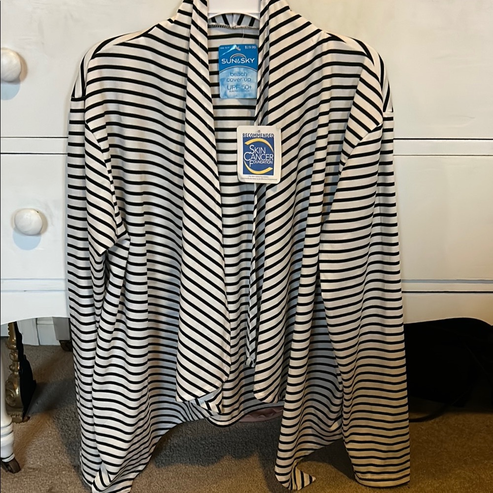 Black and White Striped beach cover up with Waterfall Collar